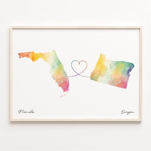 Florida naar Oregon print, aquarel kaart poster, Oregonian cadeau, reizen kunst aan de muur, vriendschap, C23-1336