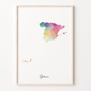 Spanien Aquarell Karte Druck, Lebendiges Spanisches Kunst Poster, ES Buntes Land Wandkunst, Bunter Druck, C26-170