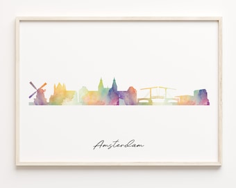 Amsterdam Skyline Watercolor Print: Netherlands Cityscape Art