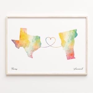 Texas to Vermont Print, Watercolor Map Poster, Vermonter Gift, Travel Wall Art, Moving Overseas, C23-1294