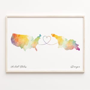 US to Georgia Print, Watercolor Map Poster, Georgian Gift, US Wall Art, Goodbye Map, C23-66