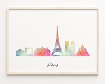 Paris Skyline Watercolor Print: France Cityscape Poster