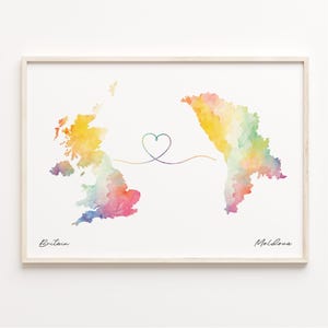 Großbritanien und Moldau Druck, Aquarell Karte Poster, Moldauisches Geschenk, Großbritanien Wandbild, Länder Herzkarte, C23-321
