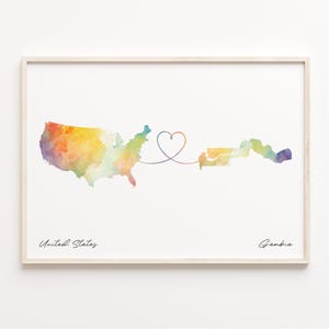 US to Gambia Print, Watercolor Map Poster, Gambian Gift, US Wall Art, Goodbye Gift, C23-65