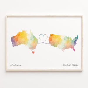 Australien USA Druck, Aquarell Karte Poster, Britisches Geschenk, Reisewandkunst, Umzug ins Ausland Geschenk, C23-986