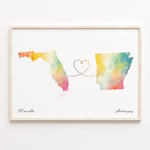 Florida naar Arkansas print, aquarel kaart poster, Arkansan cadeau, reizen kunst aan de muur, expatriate cadeau, C23-1301