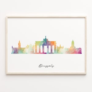 Brussels Skyline Print, Watercolor Cityscape, Belgium Wall Art Poster, Rainbow Cityscape, Skyline Canvas Art, C29-187