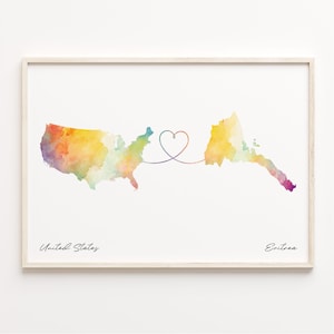 US to Eritrea Print, Watercolor Map Poster, Eritrean Gift, US Wall Art, Expat Gift, C23-56