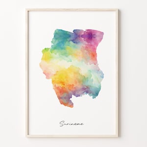 Impresión de mapa de acuarela de Surinam, cartel de arte vibrante de Surinam, arte de pared de país colorido SR, mapa del arco iris, C26-173