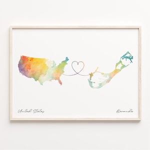 US to Bermuda Print, Watercolor Map Poster, Bermudian Gift, US Wall Art, Borderless Love Gift, C23-20