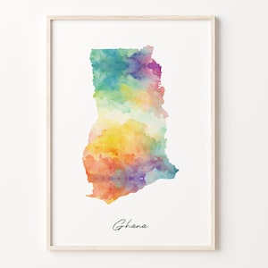 Ghana Aquarell Karte Druck, lebhaftes ghanaisches Kunstplakat, GH Buntes Land Wandkunst, Regenbogenkunst, C26-68
