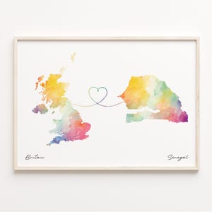 UK to Senegal Print, Aquarell Karte Poster, Senegal Geschenk, Vereinigtes Königreich Wandkunst, Studieren im Ausland, C23-358