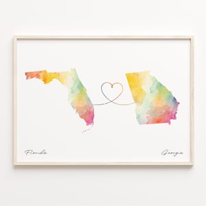 Print Florida naar Georgia, aquarel kaartposter, Georgisch cadeau, reizen muurkunst, hart van landen, C23-1309