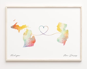 Michigan to New Jersey Watercolor Map Art Print