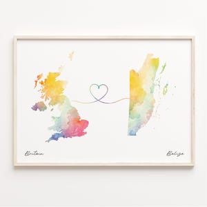 UK to Belize Druck, Aquarell Karte Poster, Belize Geschenk, Vereinigtes Königreich Wandkunst, Borderless Love, C23-217