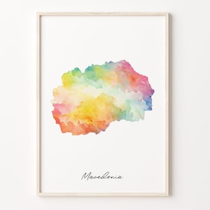 Impressão de mapa em aquarela da Macedônia, pôster vibrante de arte macedônia, arte de parede colorida do país MK, decoração de viagem, C26-109