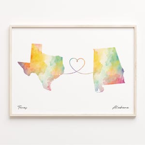 Impresión de Texas a Alabama, póster de mapa de acuarela, regalo de Alabama, arte mural de viaje, mapa LDR, C23-1248