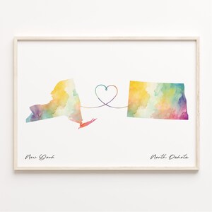 New York to North Dakota Druck, Aquarell Karte Poster, North Dakota Geschenk, Reise Wandkunst, Abenteuer erwartet, C23-1379
