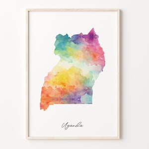 Uganda Watercolor Map Print, Vibrant Ugandan Art Poster, UG Colorful Country Wall Art, Housewarming Gift, C26-187