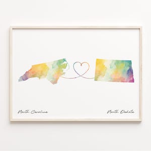 North Carolina to North Dakota Print, Watercolor Map Poster, North Dakotan Gift, Travel Wall Art, Expat, C23-1639