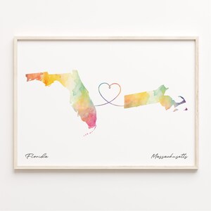 Florida naar Massachusetts print, aquarel kaart poster, Massachusetts cadeau, reizen kunst aan de muur, ver uit elkaar, C23-1318