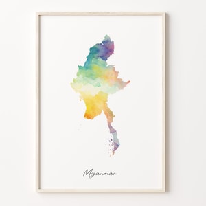 Myanmar Watercolor Map Art Print: Vibrant Burmese Wall Decor