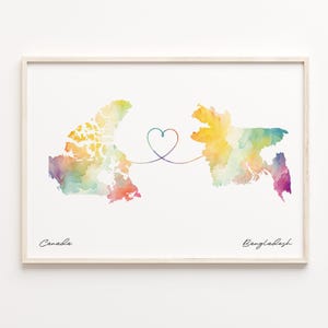 Canada to Bangladesh Print, Watercolor Map Poster, Bangladeshi Gift, Travel Wall Art, Global Love Gift, C23-611