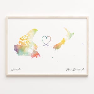 Print Canada naar Nieuw-Zeeland, aquarel kaart poster, Nieuw-Caledonië cadeau, reizen muurkunst, afscheidscadeau, C23-728