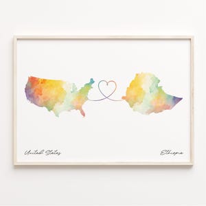 US to Ethiopia Print, Watercolor Map Poster, Ethiopian Gift, US Wall Art, LDR, C23-58