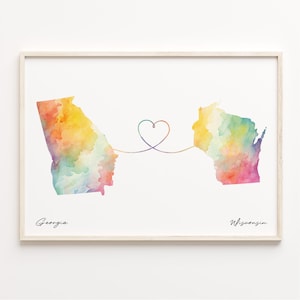 Georgia bis Wisconsin Druck, Aquarell Karte Poster, Wisconsinite Geschenk, Reisewandkunst, Länder Herzkarte, C23-1608