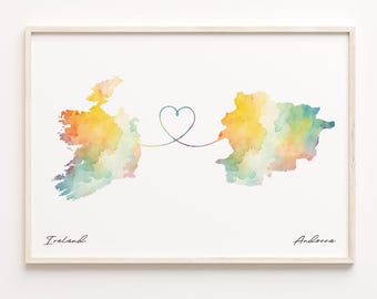 Ireland to Andorra Watercolor Map Print: Country Connection Art