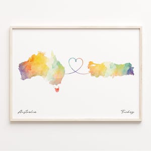 Australia to Turkey Print, Watercolor Map Poster, Tunisian Gift, Travel Wall Art, Dual Citizenship Map, C23-980