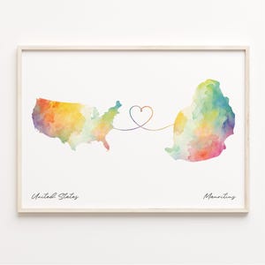 US to Mauritius Watercolor Map Print: Borderless Love Gift