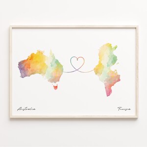Australia to Tunisia Print, Watercolor Map Poster, Trinidadian Gift, Travel Wall Art, Dual Citizenship, C23-979