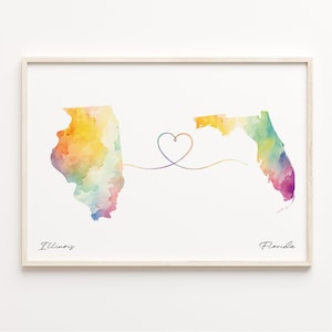 Illinois naar Florida print, aquarel kaart poster, Florida cadeau, reizen muurkunst, kaart digitale nomad, C23-1464