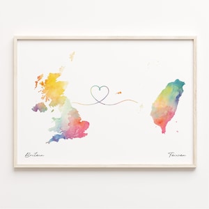 "Großbritannien nach Taiwan Druck, Aquarell Karte Poster, Geschenk von Taiwan, ""Vereinigtes Königreich"" Wandkunst, Kulturelle Wurzeln, C23-376."
