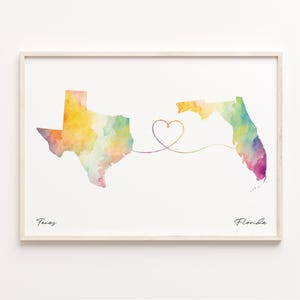 Texas naar Florida print, aquarel kaart poster, Florida cadeau, reizen muurkunst, live in het buitenland cadeau, C23-1256
