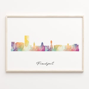 Frankfort Skyline Print, Watercolor Cityscape, United States Wall Art Poster, Rainbow Skyline, Skyline Canvas Print, C29-386