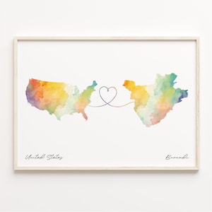 US to Burundi Watercolor Map Print: Country Connection Gift