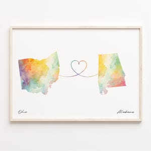 Ohio to Alabama Druck, Aquarell Karte Poster, Alabama Geschenk, Reise Wandkunst, Länder Herz Geschenk, C23-1508