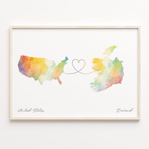 US to Irland Druck, Aquarell Karte Poster, Irisches Geschenk, US Wandkunst, Continental Love, C23-86