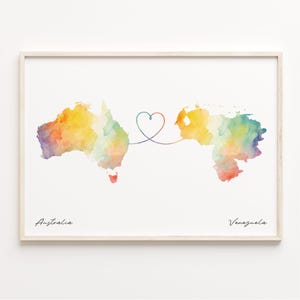 Australia to Venezuela Print, Watercolor Map Poster, Venezuelan Gift, Travel Wall Art, Long Distance Map, C23-990