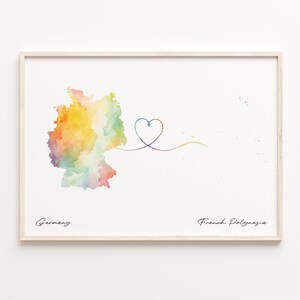 Impresión de Alemania a la Polinesia Francesa, póster de mapa de acuarela, regalo de la Polinesia Francesa, arte mural de viaje, regalo de despedida, C23-461