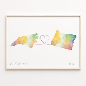 North Carolina to Oregon Print, Watercolor Map Poster, Oregonian Gift, Travel Wall Art, Long Distance Gift, C23-1648