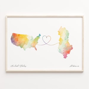 US to Albania Print, Watercolor Map Poster, Albanian Gift, US Wall Art, Travel Abroad Gift, C23-2
