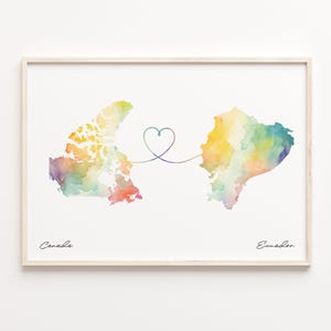 Kanada Ecuador Druck, Aquarell Karte Poster, Kongoese Geschenk, Reisewandkunst, Beziehungskarte, C23-648
