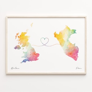 UK to Peru Print, Aquarell Karte Poster, Peru Geschenk, Auswanderung, Vereinigtes Königreich, C23-343