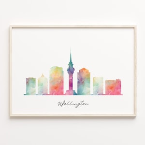 Wellington Skyline Druck, Aquarell Stadtbild, Neuseeland Wand Kunst Poster, Aquarell Karte, minimalistische Wandkunst, C29-225