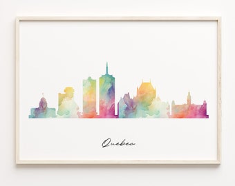 May include: A watercolor painting of the Quebec City skyline in a white frame. The skyline is depicted in a rainbow of colors, with the tallest building in the center.
