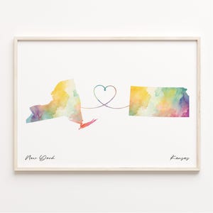New York to Kansas Druck, Aquarell Karte Poster, Kansan Geschenk, Reisewandkunst, kulturelle Wurzeln Geschenk, C23-1367